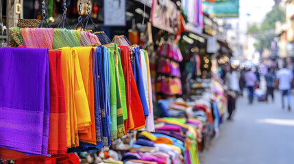 Vibrant fabrics hang in bustling market, showcasing variety of colors and styles, creating lively atmosphere
