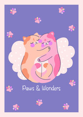 Colorful posters with adorable two kittens sleeping on cloud hugging