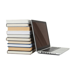 Stack of books leaning against open laptop computer symbolizing education research and modern learning transparent background