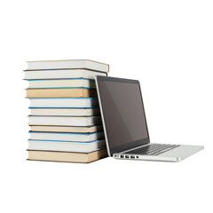 Stack of books next to modern laptop computer symbolizing education knowledge and technology transparent background