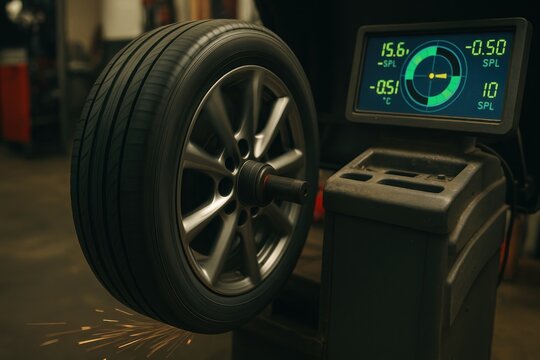 Close-up of wheel balancing machine with tire in auto repair shop for vehicle maintenance