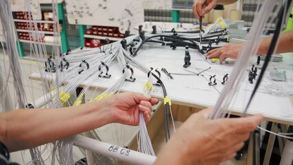 Workers assembling and labeling cables on a workbench