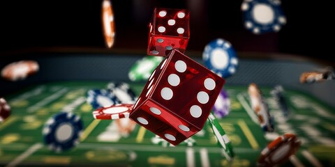 Colorful Red Dice Tumbling Over a Gaming Table Surrounded by Chips, Capturing the Thrill of Gambling