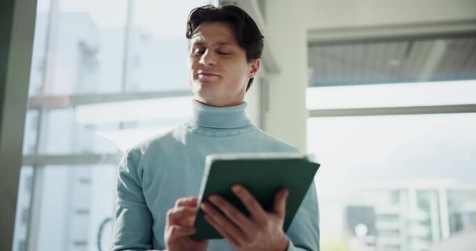 Thinking, business and man with tablet in office for real estate, research and listing solution. Below, realtor and digital for building design, viewing agenda and property plan of resale opportunity