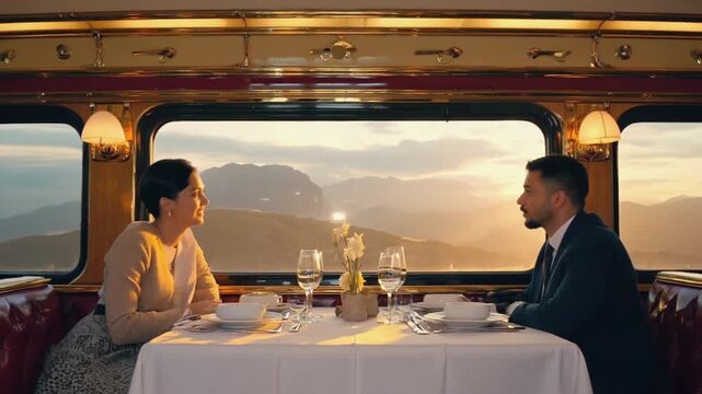 Couple having a luxury meal on a luxury train.