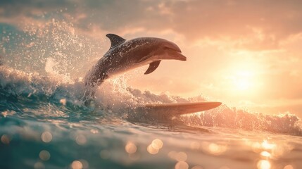 Fototapeta premium Dolphin leaps through ocean waves during a vibrant sunset near a tropical coastline captured in an enchanting atmosphere