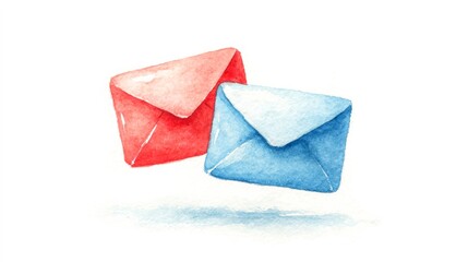 Colorful watercolor envelopes in red and blue create a cheerful visual, ideal for representing communication, invitations, or messaging concepts in marketing materials or personal projects,