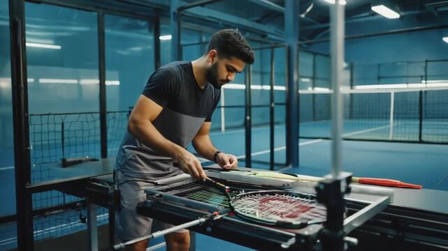 Racket stringer stringing some rackets.