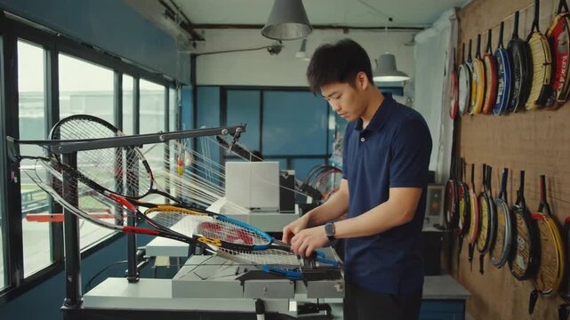 Racket stringer stringing some rackets.