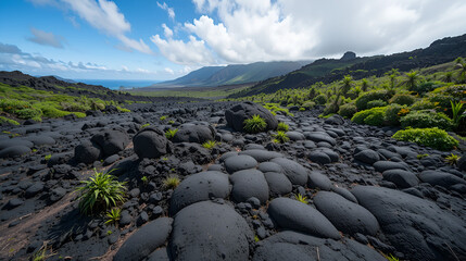 Lava desert with black solidified magma rocks form fertile ground for tropical vegetation and plants along Chain of Craters Road inside Hawaii Volcanoes National Park on Big Island after eruptions