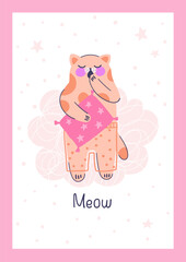 Colorful posters with adorable kitten yawns and hugs pillow