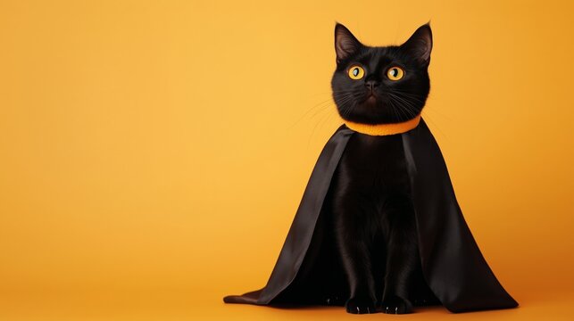 Black cat dressed as a superhero with a yellow cape poses against a bright orange background in a playful and whimsical setting