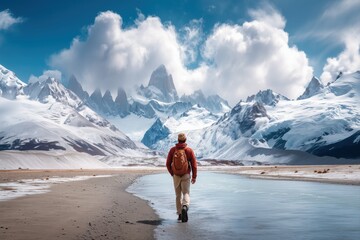 Adventurer walking a solitary path beneath snowcapped peaks and glacial rivers, far from popular routes.