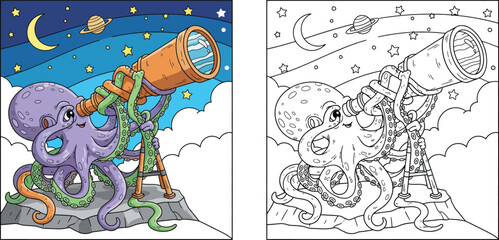 Curious Octopus Stargazing with a Telescope at Night