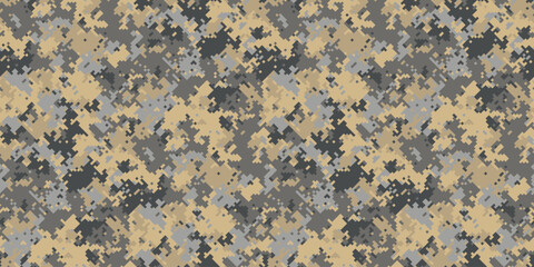 Abstract digital camouflage pattern in beige, grey, and dark brown. Ideal for backgrounds, textures, or militarythemed designs.
