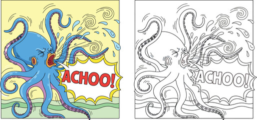 Humorous Cartoon Octopus Sneezing ACHOO