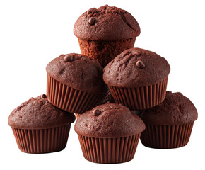PNG,transparent background,no background,Indulge in decadent chocolate muffins with melting chocolate chips, perfect for sweet cravings and delightful morning treats or afternoon snacks for any occasi