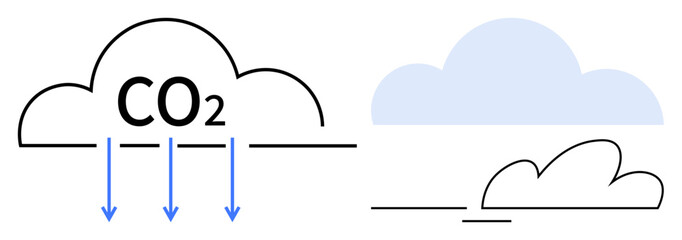 Cloud marked with CO2 releasing blue arrows downwards, accompanied by a clean cloud. Ideal for climate change, pollution, emission reduction, sustainability, global warming, air quality, circular
