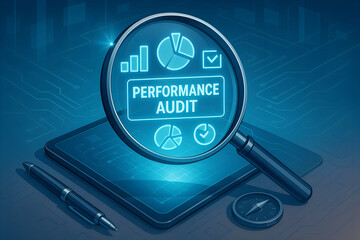 Magnifying glass over tablet showing performance audit data