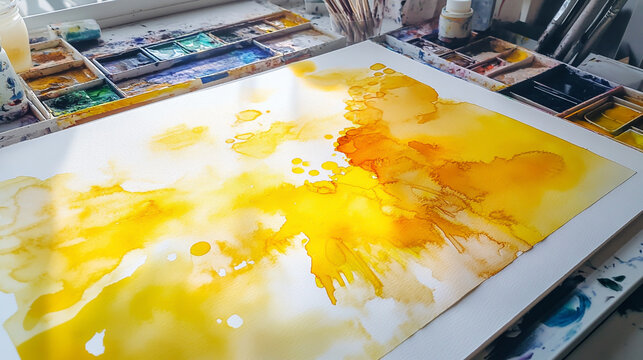 A vibrant watercolor painting in progress, showcasing a sunny yellow palette with hints of orange, capturing the essence of warmth and creativity on an artists desk