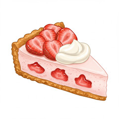 Delicious Strawberry Tart Slice with Whipped Cream Isolated on White Background