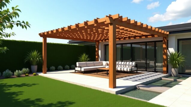 Pérgola de madera con vetas de madera natural e iluminación sutil que da sombra a un acogedor patio al aire libre con lujosos asientos seccionales