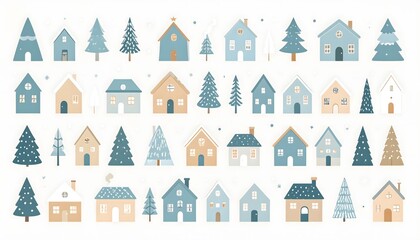 A whimsical pattern of stylized houses and Christmas trees in blue and beige tones, creating a festive and cozy village scene.