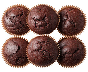 PNG,transparent background,no background,Indulge your senses with these delicious chocolate cupcakes arranged on a stark white background, perfect for tempting taste buds and sweet cravings
