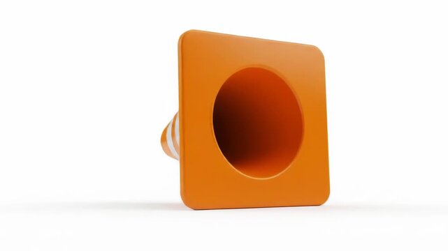 An orange and white striped safety device with a flat, rectangular base and a conical top rests on a white surface. It leans