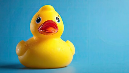 A cheerful yellow rubber duck sits against a vibrant blue background, highlighting its playful and simple design.