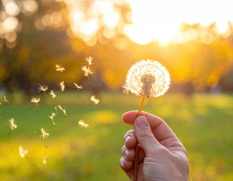 Hand holding dandelion in meadow at sunset - Powered by Adobe