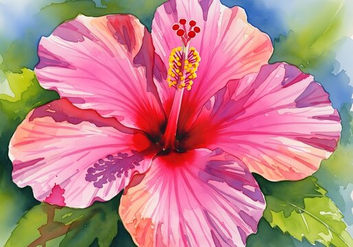Fototapeta Watercolor painting of a pink hibiscus flower, showcasing delicate petals and vibrant colors, perfect for botanical art, floral designs, and tropical themes