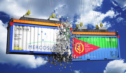 Crashing cargo containers with flags of Mercosur and Eritrea - 3D illustration