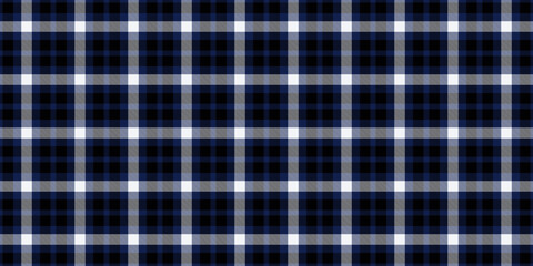 Classic plaid pattern in blue, black, and white. Ideal for backgrounds, textiles, or design projects requiring a timeless, textured feel and style.