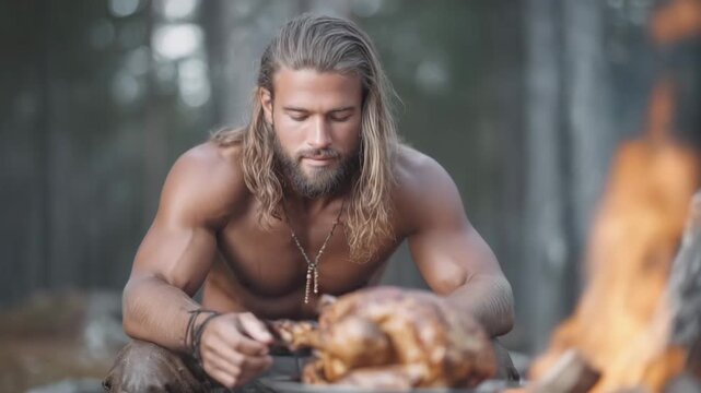 A brutal man with a beard and long hair sits by the fire and then stands up. He is concentrating on preparing meat on the grill.