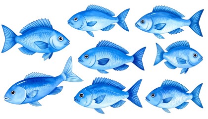 Fototapeta premium A watercolor illustration featuring nine stylized, marine creatures in varying poses and sizes. 