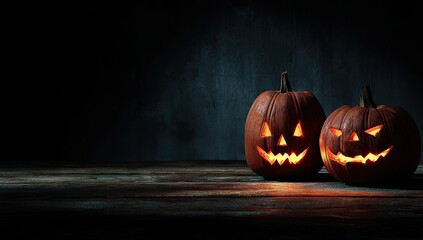Two glowing jack-o'-lanterns sit on a weathered wooden surface against a dark, textured backdrop, creating a spooky Halloween scene.
