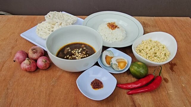 breakfast with coffee,Rawon is Indonesian traditional beef black soup,Original dish from East Java,served with steamed rice,boiled salted duck egg,chili sauce or sambal,bean sprouts and onion crackers