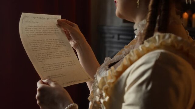 Over-shoulder shot of amorous 19th century Caucasian woman in elaborate silk dress, with curled hair and pearl jewelry standing by window in castle, reading love letter from secret admirer