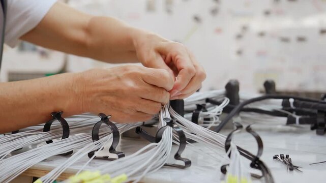 Worker bundling and securing cables on an assembly table