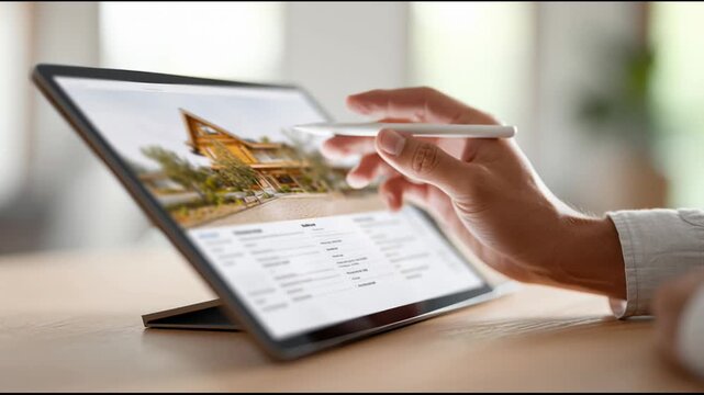 Real estate agent using stylus pen exploring house listings on a tablet, searching for available properties, analyzing details, and making informed decisions for clients seeking to buy or rent
