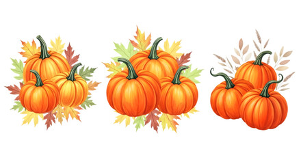 Three arrangements of pumpkins and autumn leaves, perfect for fall and harvest themes isolated on transparent background