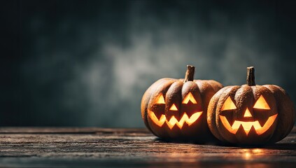 Two carved jack-o'-lanterns, illuminated from within, sit on a weathered wooden surface against a dark, moody backdrop.