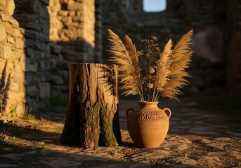 Still life with pampas grass in vase and tree stump rustic aesthetic in old stone castle warm sunlight