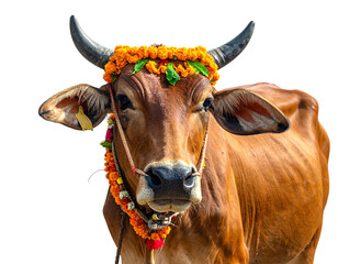 Native Indian cow with decorated horns and festive garland PNG