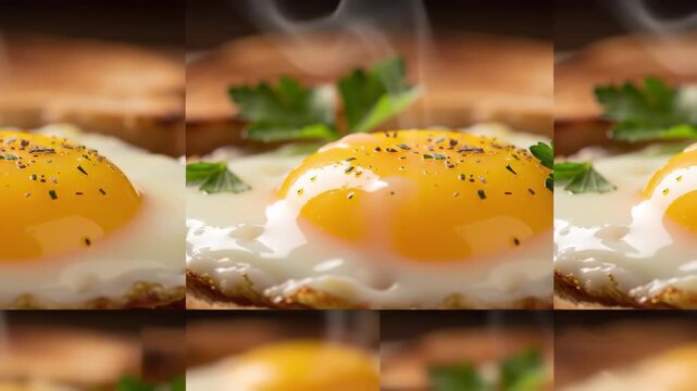 A savory close-up of a perfectly cooked sunny-side up fried egg, seasoned with fresh black pepper and garnished with parsley, with steam rising