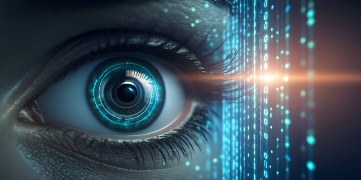 Cybernetic eye with digital data flow in futuristic technology abstract glowing network design
