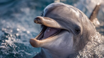 Smiling dolphin swimming joyfully in clear ocean water during bright sunny day while creating splashes and showing playful nature