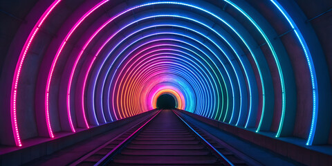 Neon spiral tunnel with glowing light trails in futuristic abstract cyber digital technology design