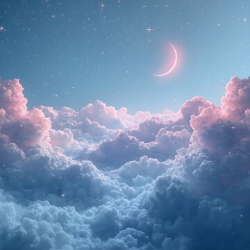 A sea of clouds and a crescent moon 